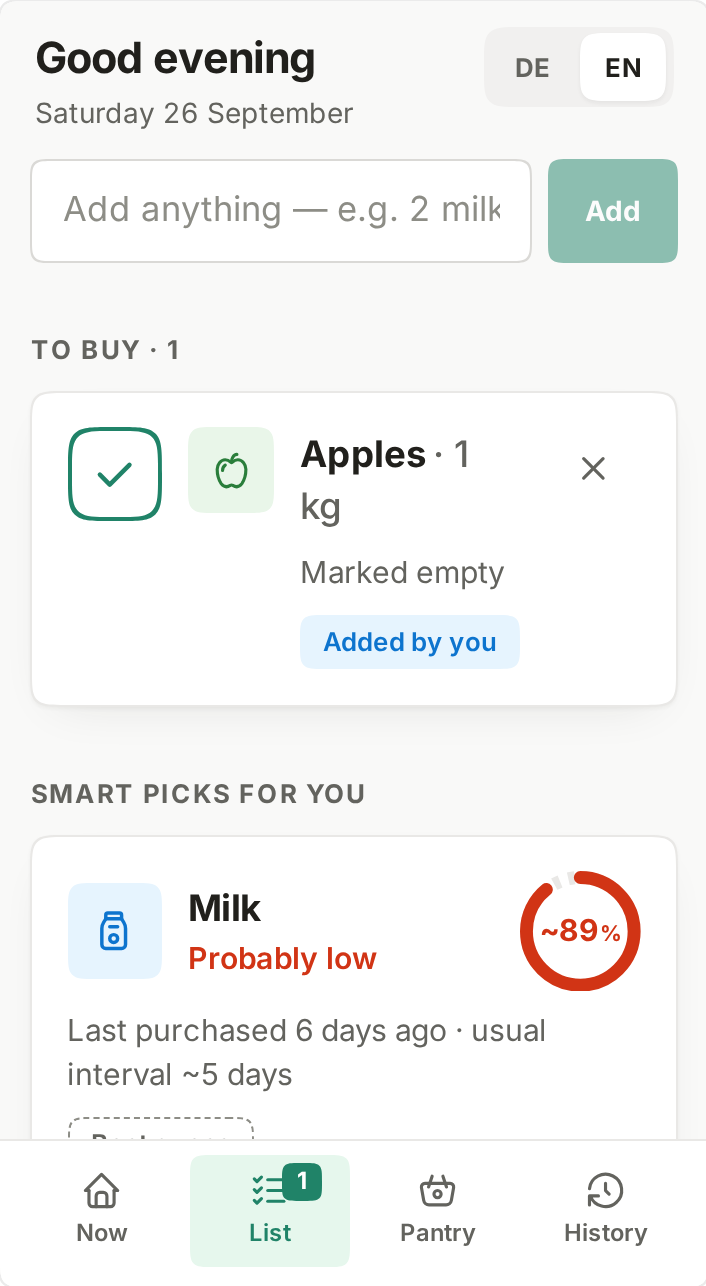 Shopping list on a phone with items added by a person and suggested items