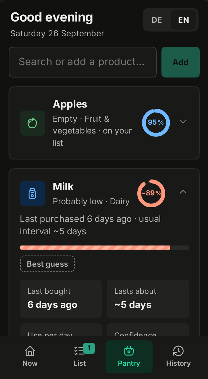 Product details for Milk in dark mode: lasts about 5 days, use per day about 0.4 litres